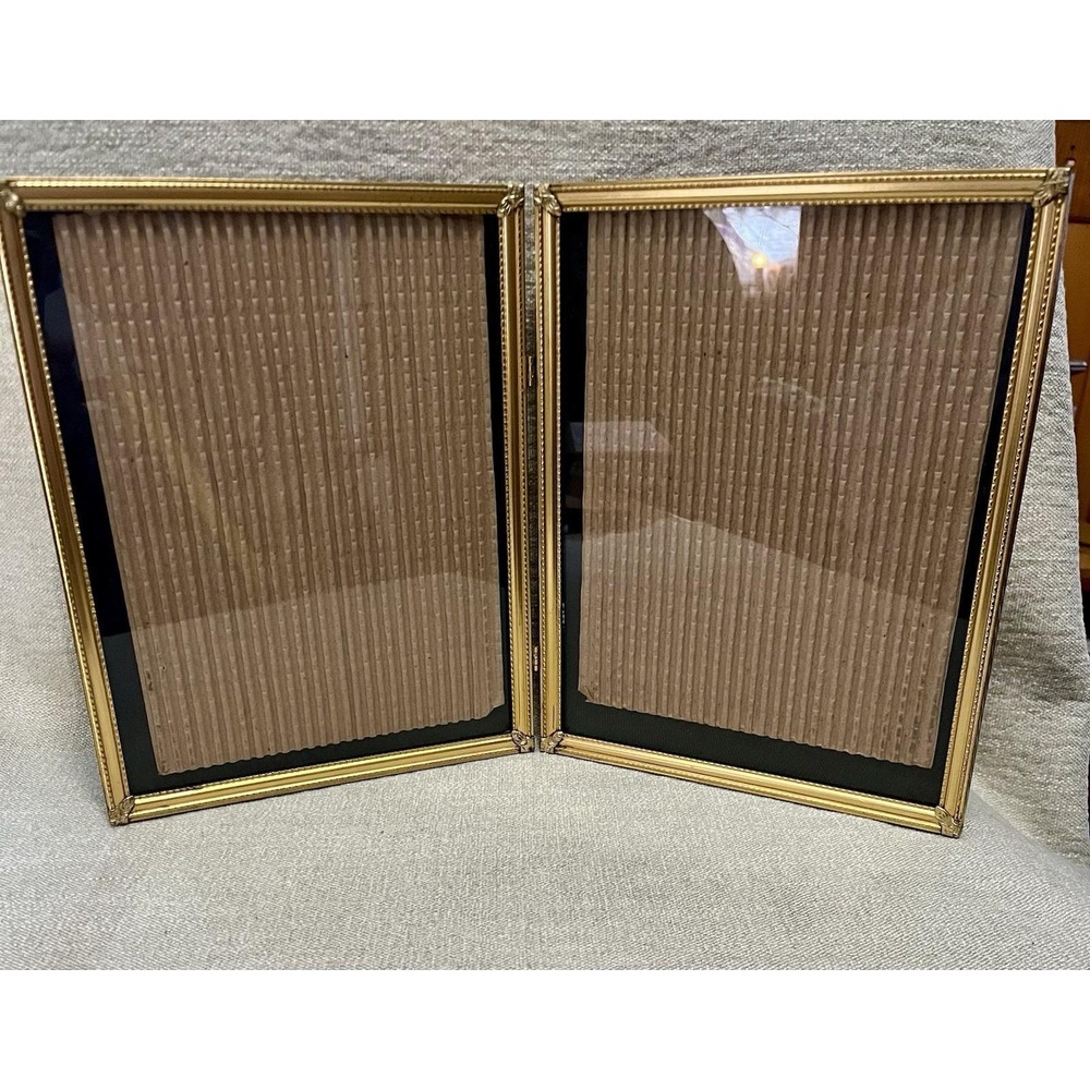 Vintage Gold Double Folding Picture Frame 8x10 Hinged Embossed Metal Tabletop